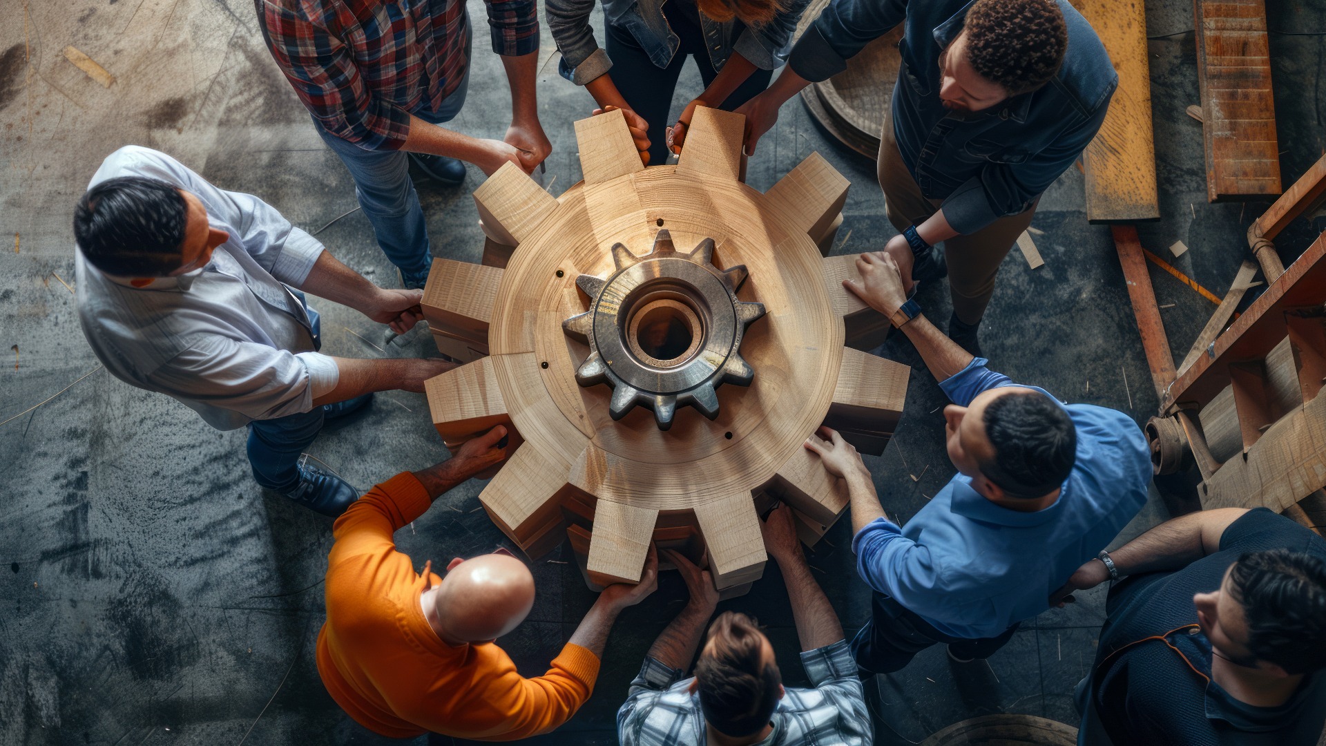 Teamarbeit in der Schreinerei: Gruppenarbeit beim Zusammenbau von hölzernen Geräten