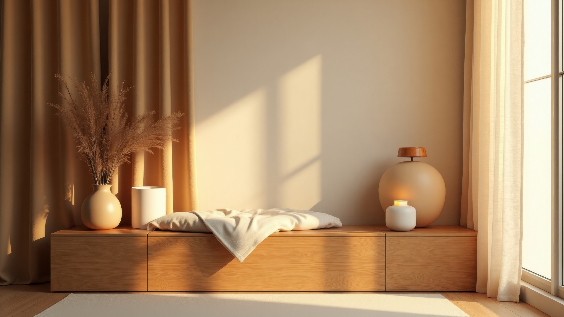 Warme Szene mit einem Sockel aus Massivholz mit einem warmen, reichen Eichenholz-Finish