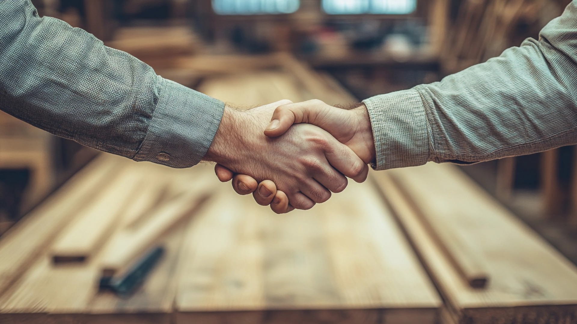 Zwei Personen geben sich in einer Holzwerkstatt die Hand